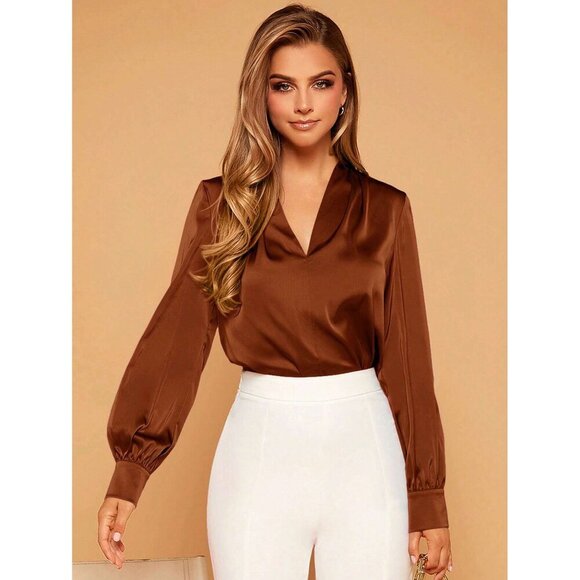 Brown Satin Long Sleeve Blouse V-Neck Minimalist Business Plazacore - Picture 1 of 3